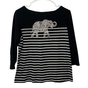 Karen Scott Women's Large Black White Stripe Elephant Graphic 3/4 Sleeve‎ Top